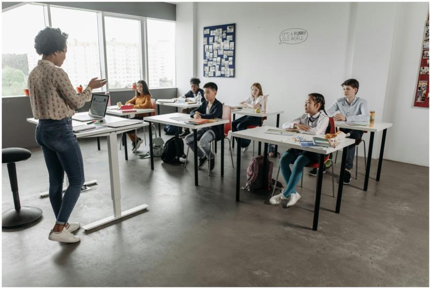 Teacher interacting with students in a modern clas