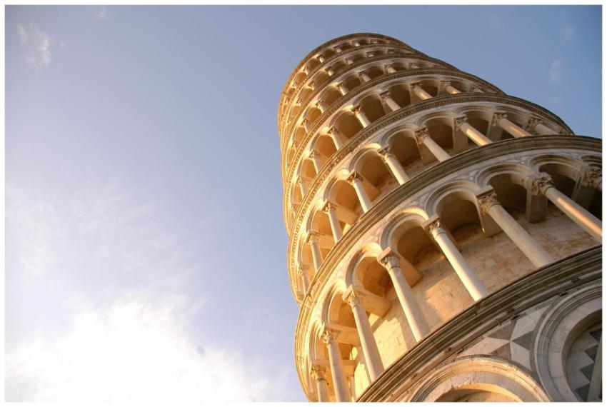 Low angle view of the Leaning Tower of Pisa, a fam