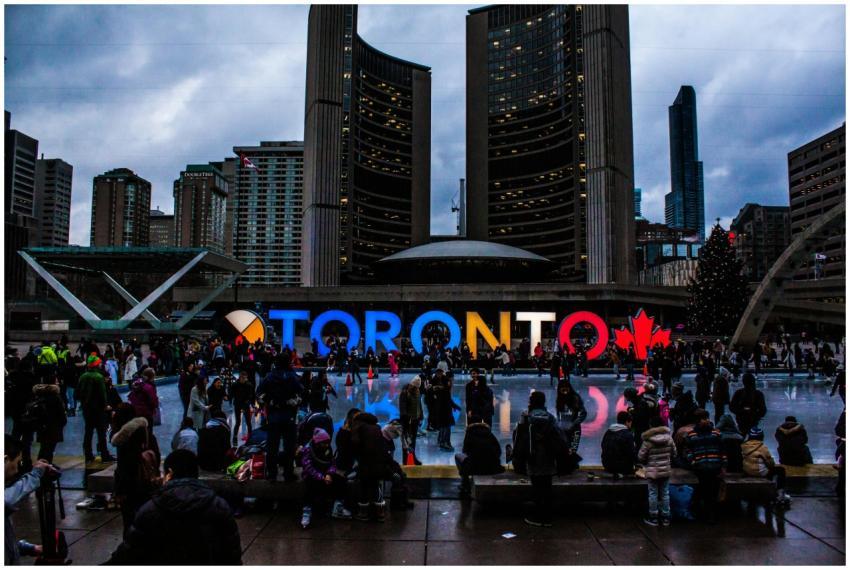 Vibrant evening at Toronto City Hall with festive