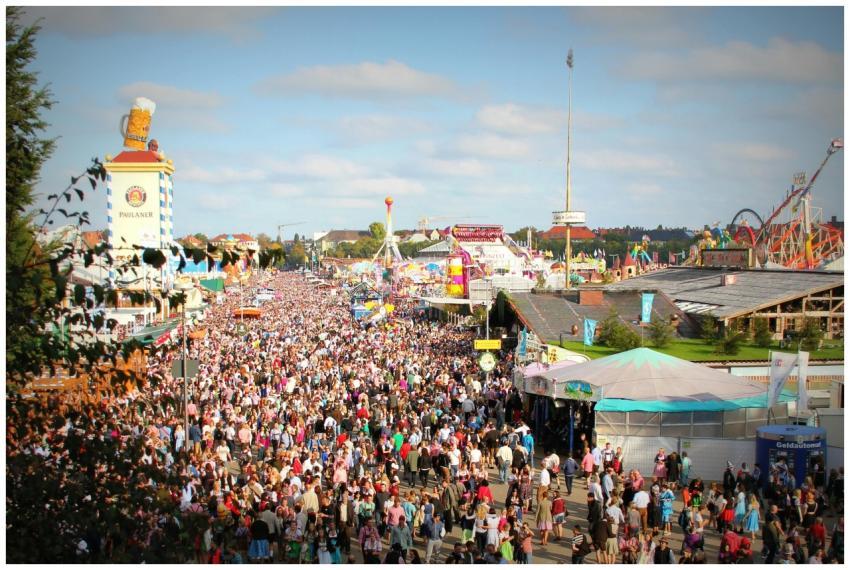 A lively scene at Oktoberfest in Munich with a mas