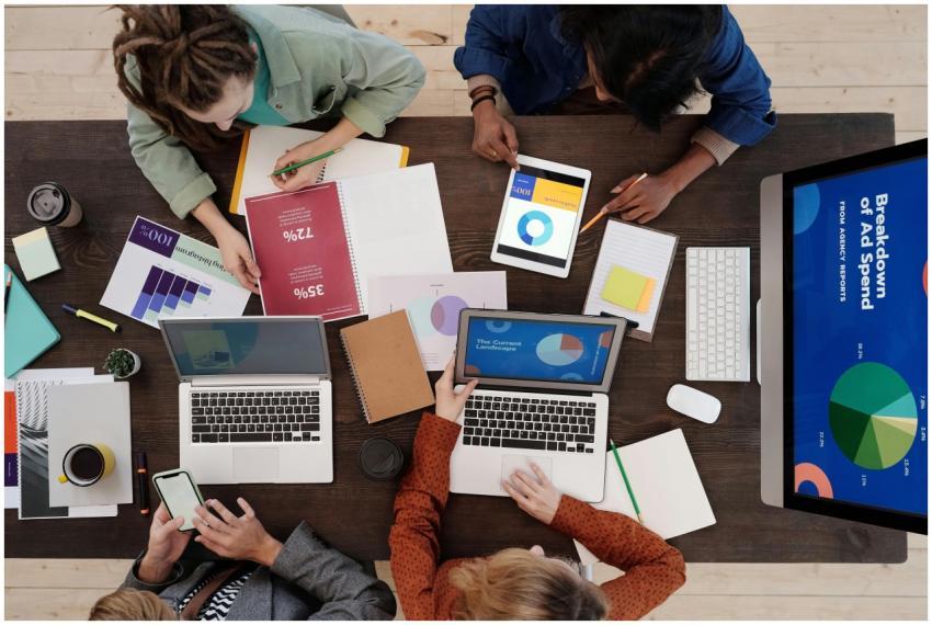 A diverse team collaborating on digital marketing