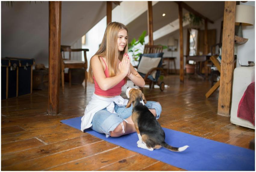 A young woman meditates with her beagle in a cozy