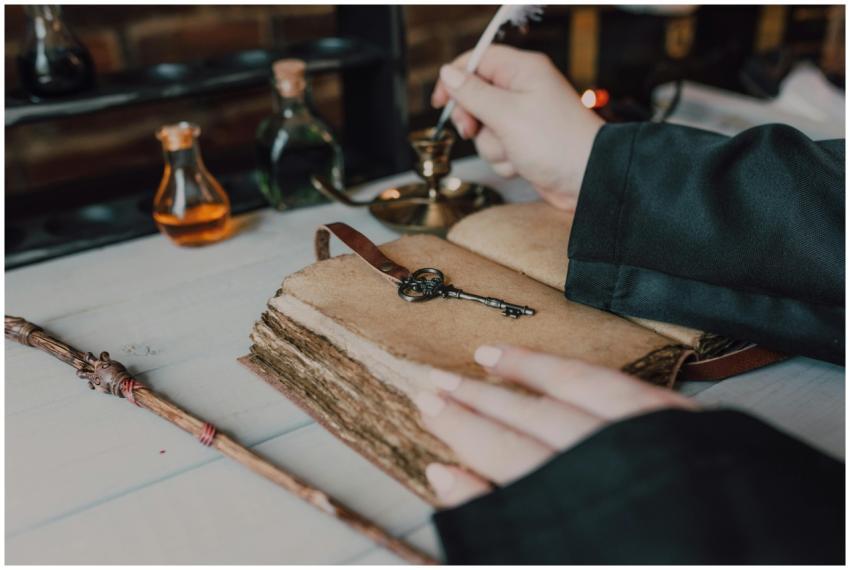 Mystical setup with a quill, spell book, and magic