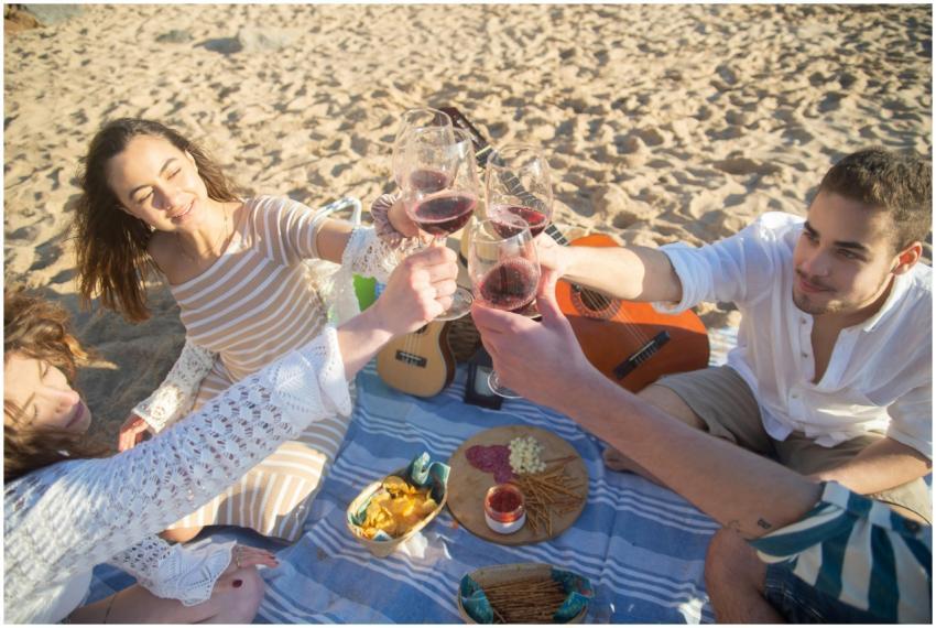 Group of friends enjoying a beach picnic in Portug