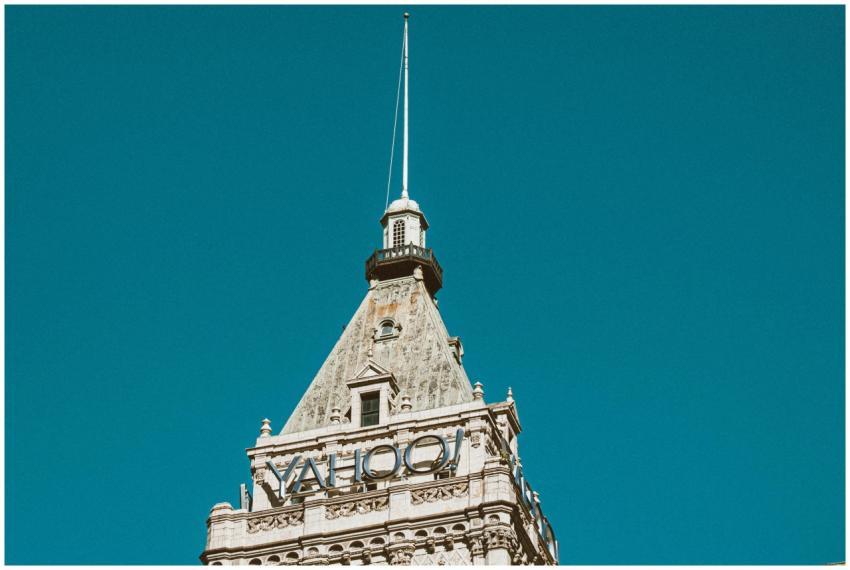 Close-up of Yahoo building tower under bright blue