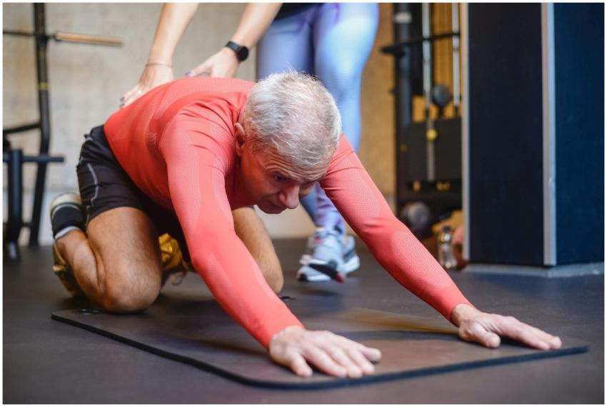 Senior man engaging in assisted stretching exercis
