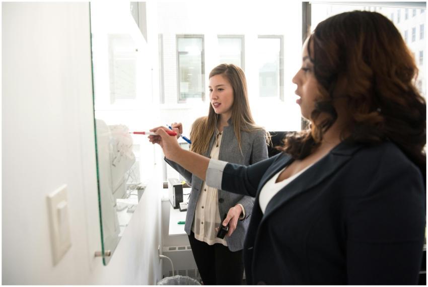Two women engaging in teamwork by writing on a whi