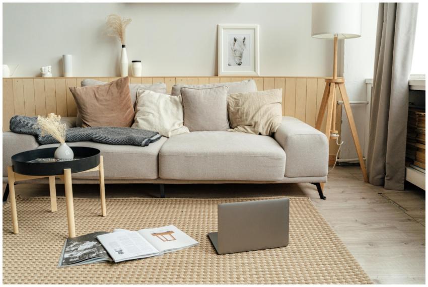 A contemporary living room featuring a sofa, lapto