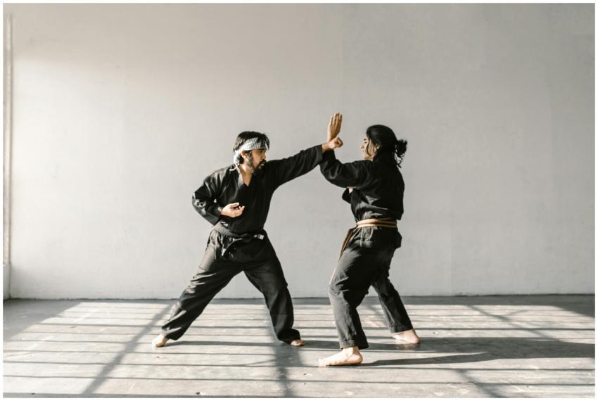 Two martial artists practicing combative moves in