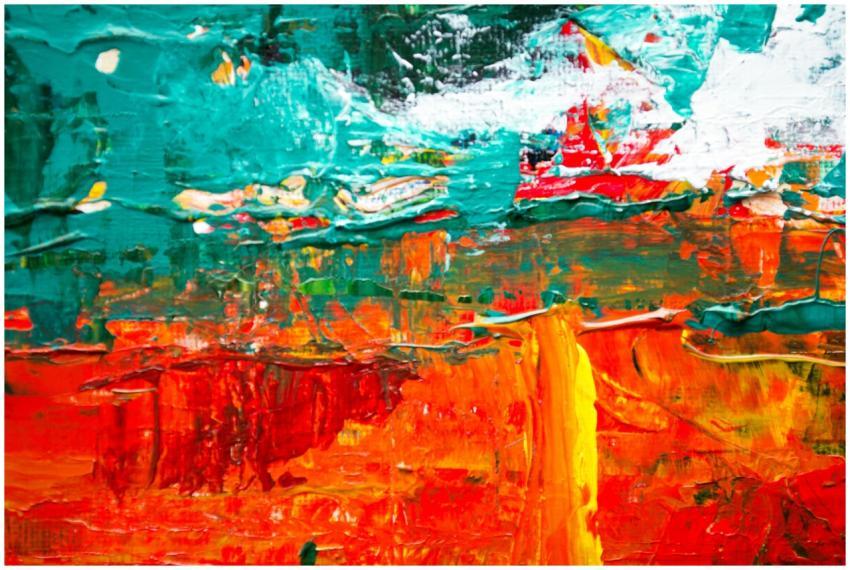 A lively abstract painting with bold strokes and v