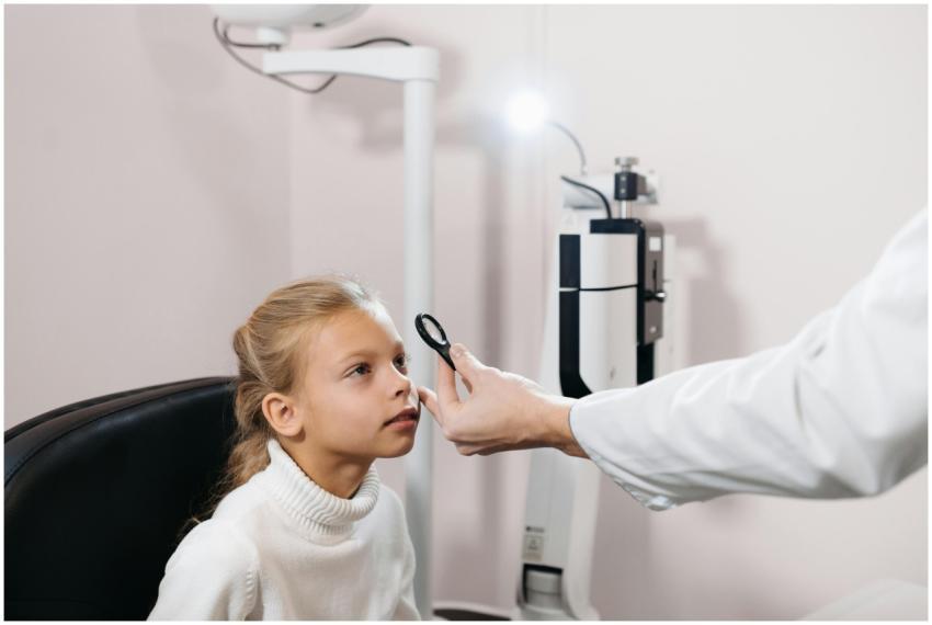 Caucasian girl undergoing an eye exam by a profess