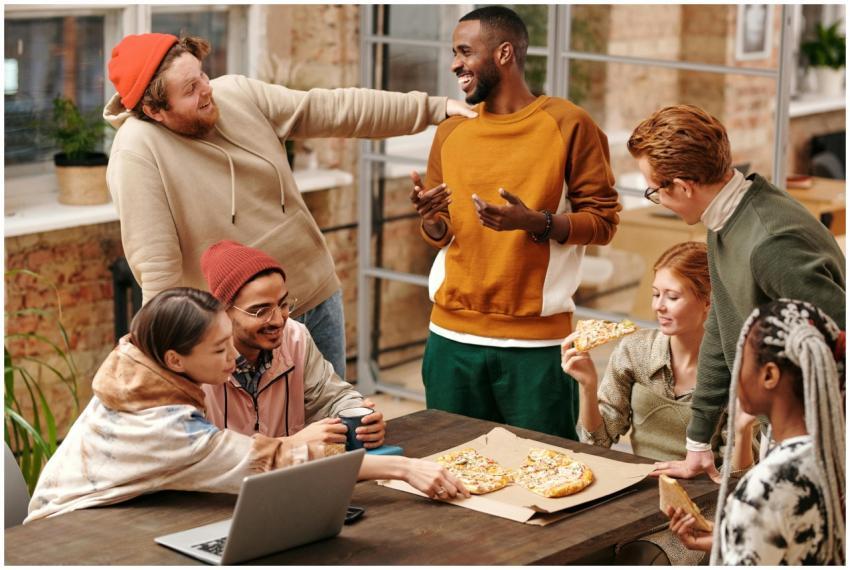 A group of diverse friends laughing and enjoying p