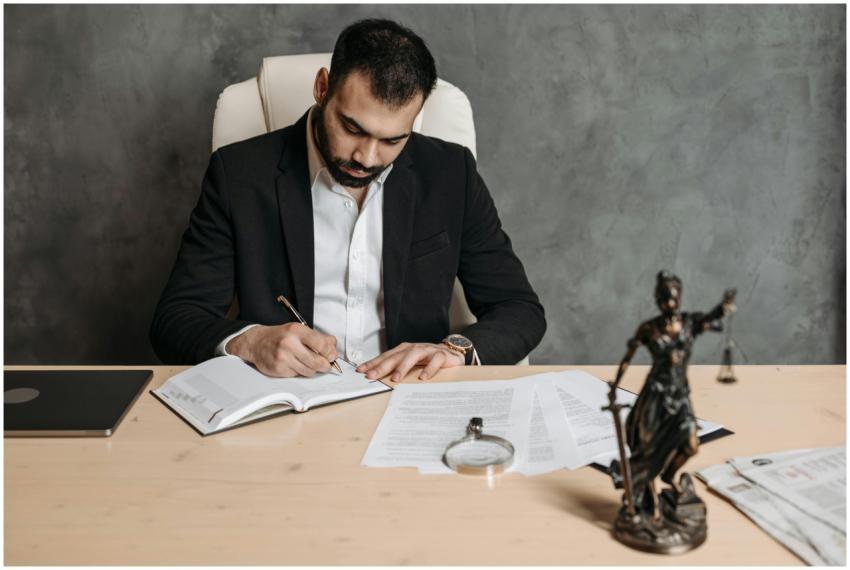 Focused lawyer in black suit at desk writing on do