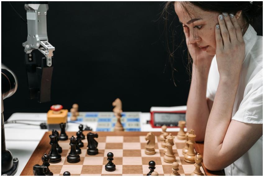 A woman engaged in a thought-provoking chess game