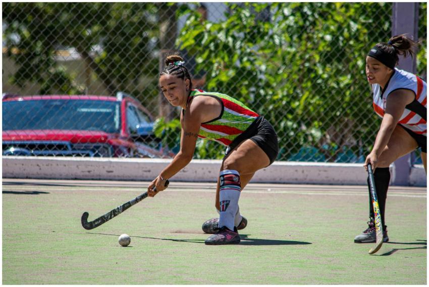 Dynamic outdoor field hockey match captured in bri