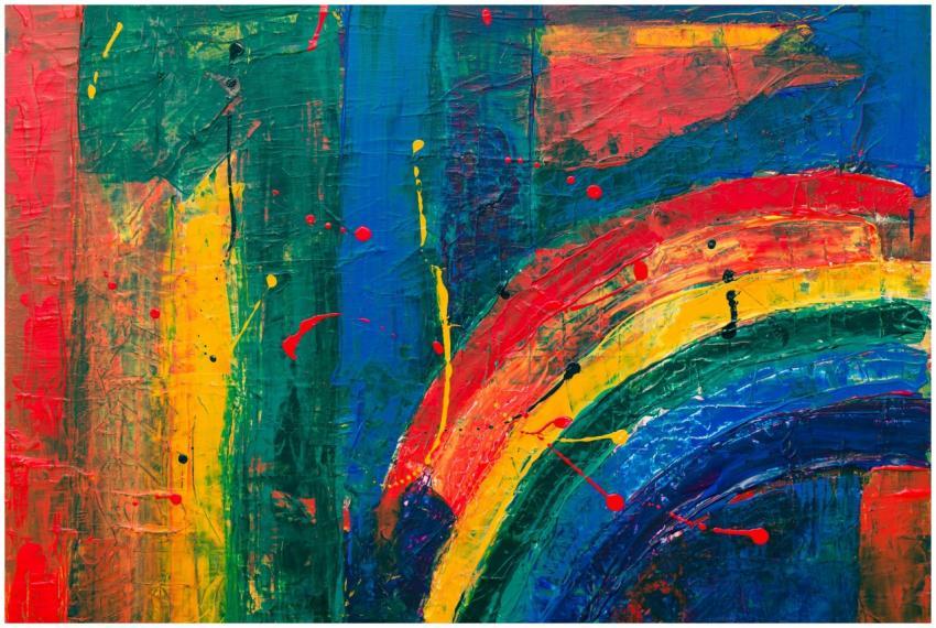 Colorful abstract painting featuring a vibrant rai