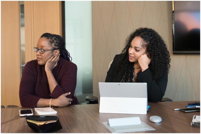 Two women engaged in a team meeting using laptop a