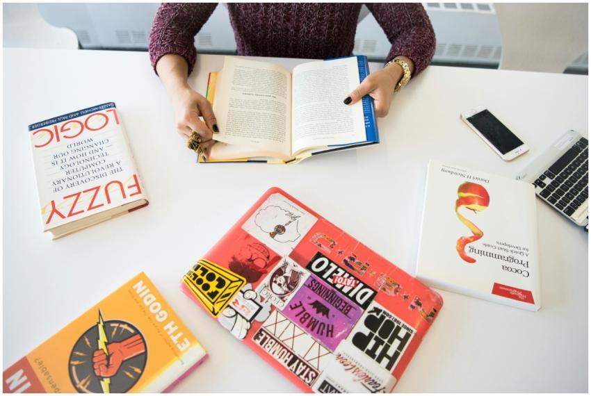 Overhead view of a workplace desk with books, a la