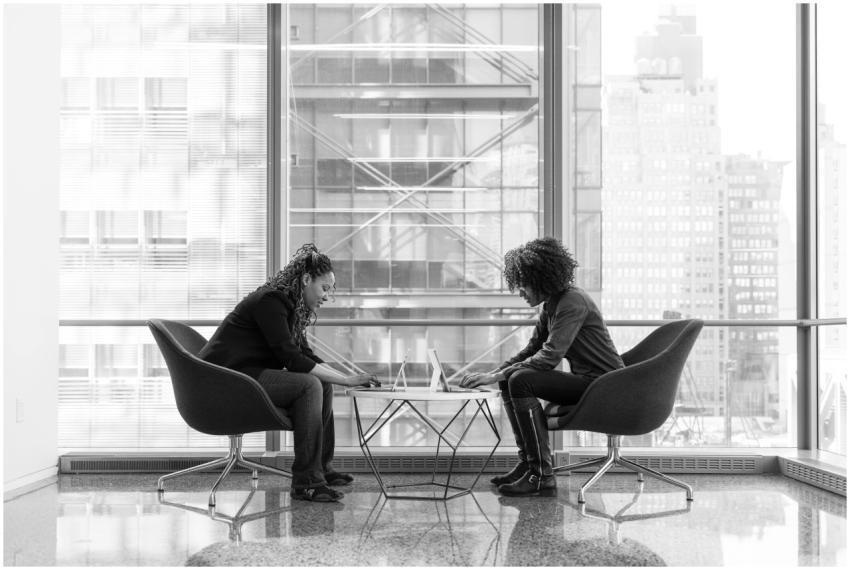 Two women engaged in a business discussion at a mo