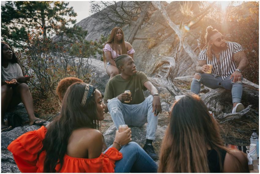 Friends enjoying a casual meetup in nature during