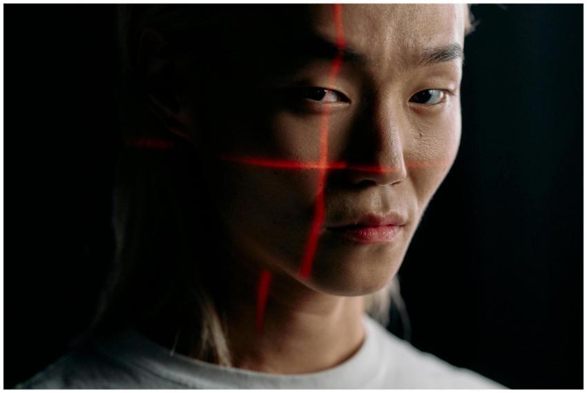 Close-up of an expressive face with facial recogni