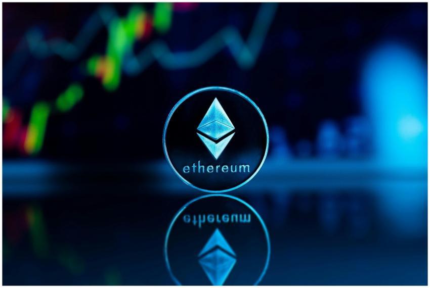 Ethereum coin with financial graph backdrop, repre