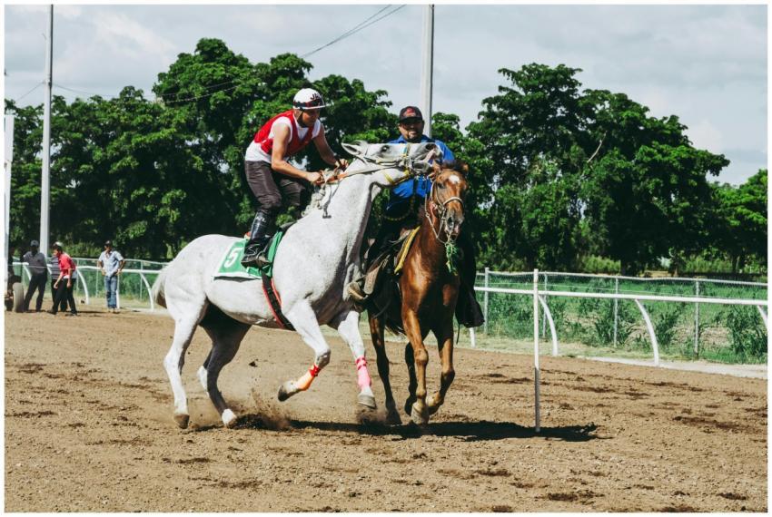 Dynamic scene of jockeys competing in a thrilling
