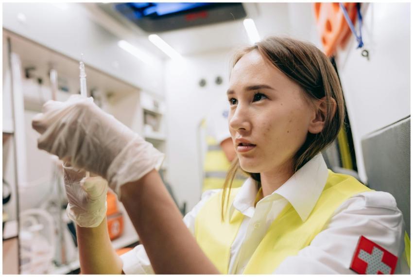A focused paramedic prepares a syringe in an ambul