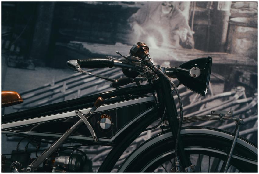 Close-up of a vintage BMW motorcycle displayed in