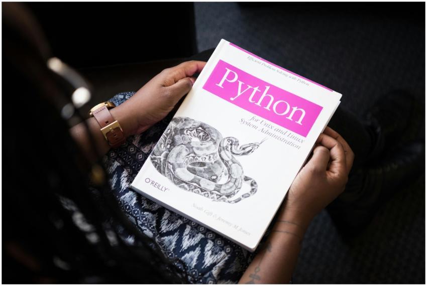 A person reads 'Python for Unix and Linux System A