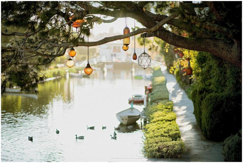Peaceful waterway with ducks and decorative lanter