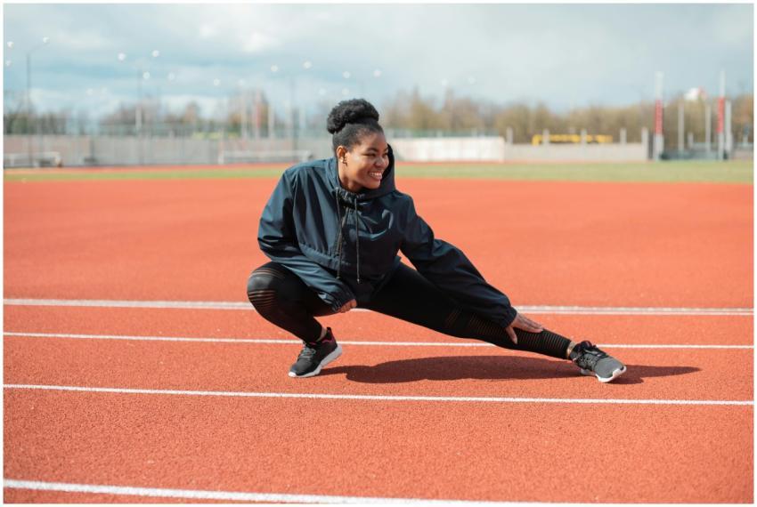 A woman in activewear stretches on a red running t