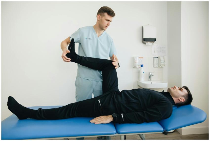 A physiotherapist assists a patient with leg stret