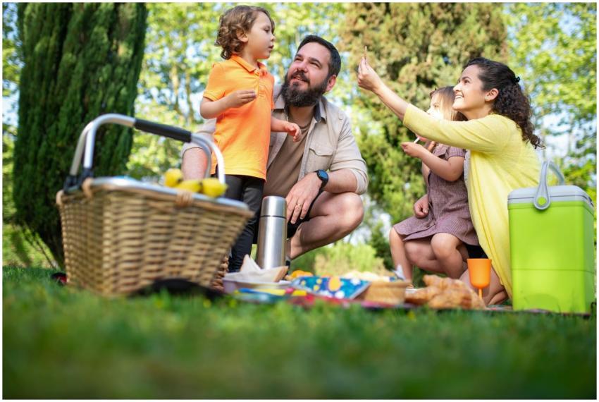 A family with children enjoying a picnic in a sunn