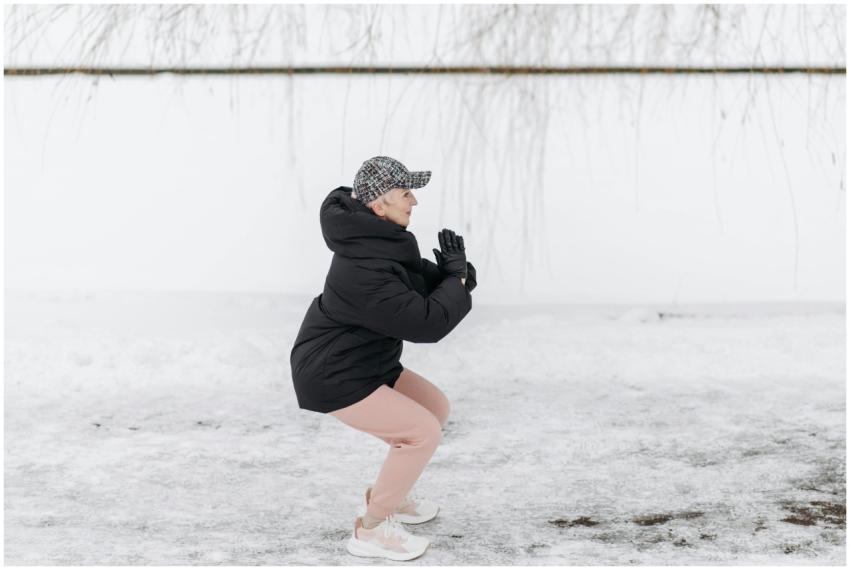 Senior woman doing squats outside in winter clothi