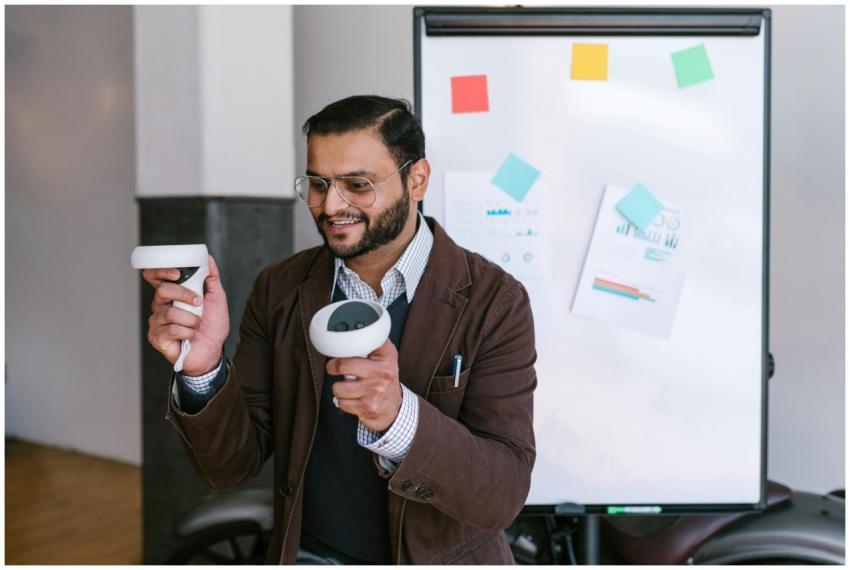 A business professional demonstrating virtual real