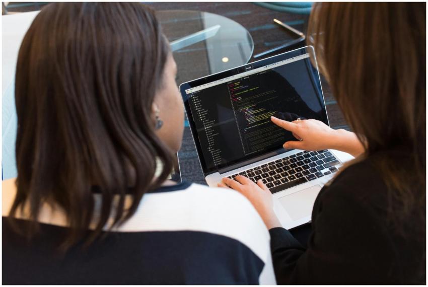 Two women working together on software programming
