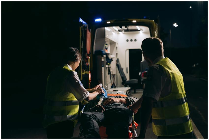 Paramedics aid patient into ambulance during night