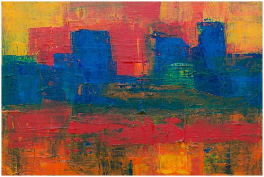 A dynamic abstract painting featuring vivid red, b