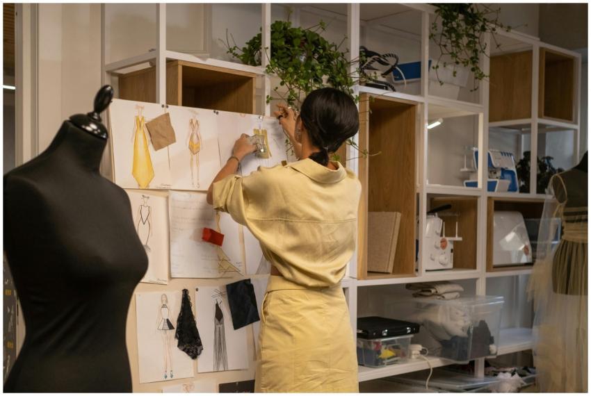 A fashion designer arranging a mood board in her w