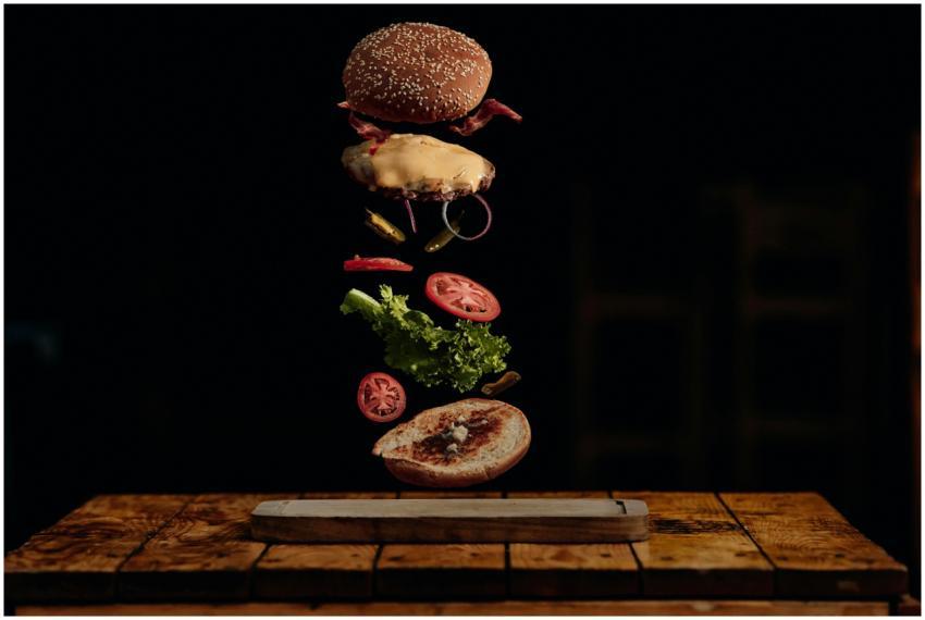 Visually striking deconstructed burger with floati