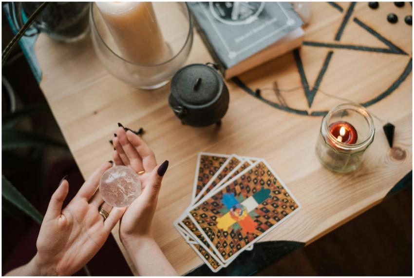 A serene mystical scene with tarot cards, crystals