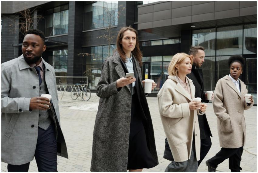 A diverse group of business professionals walking