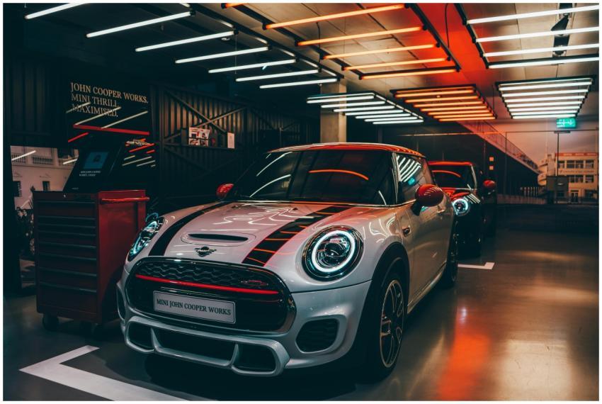 Vibrant Mini Cooper display in a stylish showroom