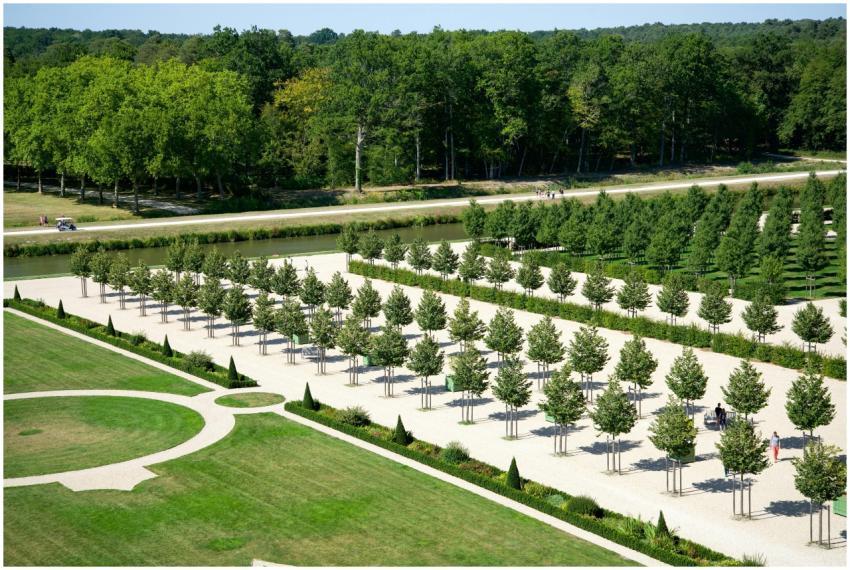 Aerial shot of Château de Chambord gardens in summ