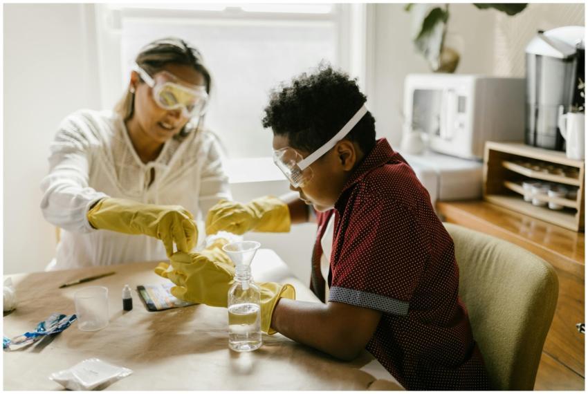 Mother and son conducting a fun science experiment