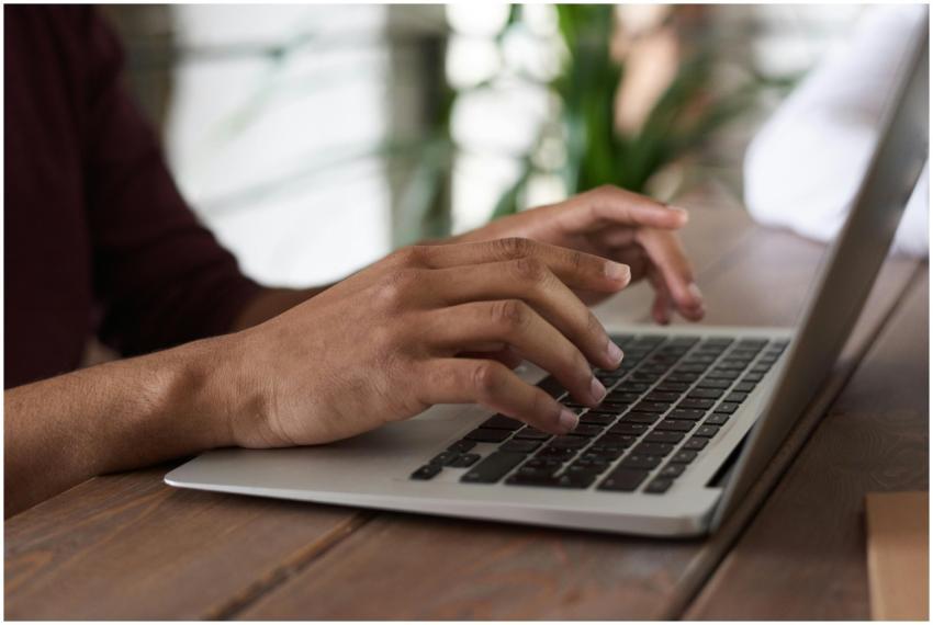 Hands of a person typing on a laptop keyboard indo