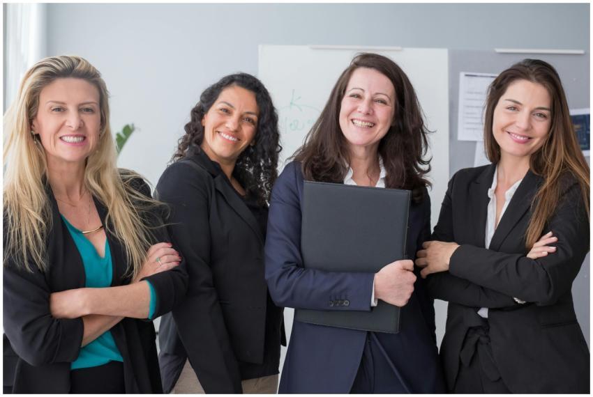 Four confident businesswomen in Portugal, smiling