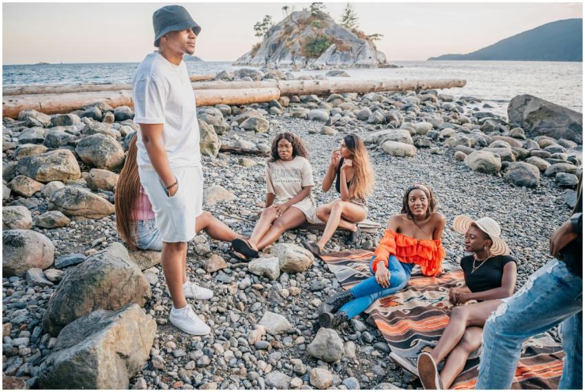 Group of young adults socializing by rocky beach s