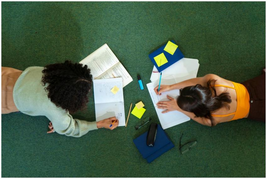 Top view of two women studying on a green carpet,